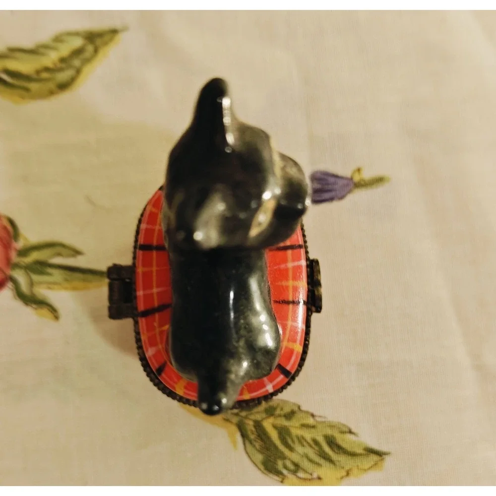Vintage Black Scottie Dog Sitting on Red Tartan Trinket Box